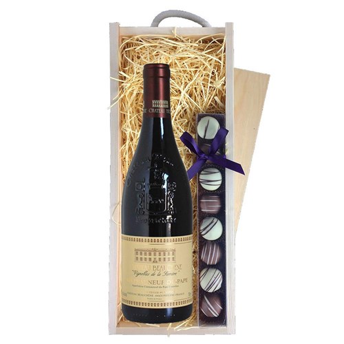 Chateau Beauchene Chateauneuf du pape & Heart Truffles, Wooden Box